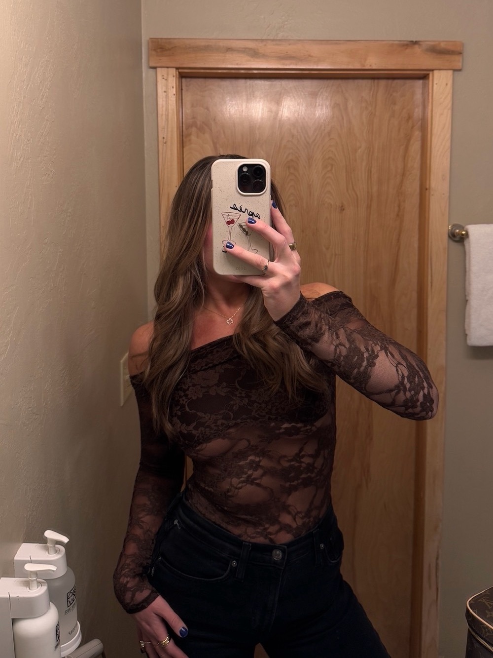 SHEIN Brown One-Shoulder Floral Lace Long Sleeve Top